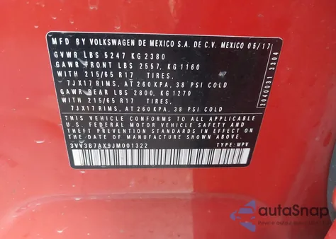 2018 Volkswagen Tiguan Se/Sel из США, поврежденный, VIN 3VV3B7AX9JM001322